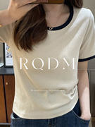 大码女装撞色U领正肩短袖t恤女2025夏季胖mm修身遮肉显瘦别致上衣