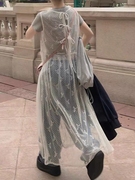 韩国东大门24春夏ins风叠穿网纱透视后背，系带蕾丝长裙无袖连衣裙