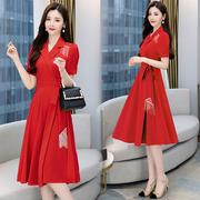 夏季中年女装时尚韩版妈妈裙子，黑色秀红色短袖，中长裙流苏连衣裙