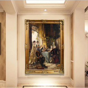 竖版欧式宫廷人物油画贵妇人客厅喷绘有J框画酒店宾馆会所装饰画
