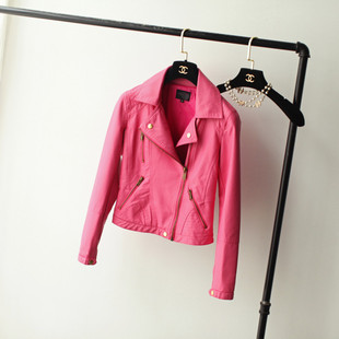 春秋韩版高腰粉红色皮衣，外套女短款小个子，学生修身机车pu夹克