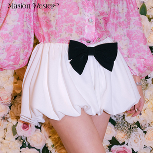 masionwester24早春女装可爱风，甜美小个子蝴蝶结花苞短裤