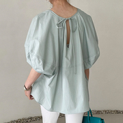 韩国chic夏季简约气质圆领，系带前后两穿设计感宽松灯笼袖休闲衬衫