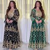时尚优雅长裙气质圆领长袖阿拉伯迪拜女装金色绣花华丽长袍晚礼服