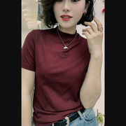 刺绣t恤立领上衣女，纯色打底衫酒红色短袖体恤，欧韩货欧洲站小衫