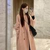韩版高级感秋冬装小个子，粉色宽松双排扣呢子，大衣毛呢外套女中长款