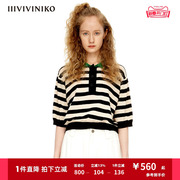 IIIVIVINIKO夏季条纹撞色短袖套头针织衫女R230190673A