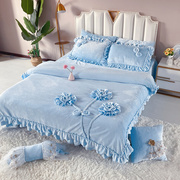 冬季保暖牛奶绒床上用品，四件套珊瑚绒双面绒，蓝色床单被套法兰绒