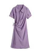 mg小象设计款韩系学院风，2024春夏修身显瘦衬衫领系带连衣裙女紫色