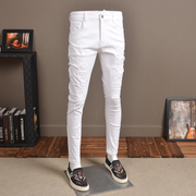 夏季薄款白色牛仔裤男破洞，弹力修身韩版潮流刮烂休闲小脚裤白裤子