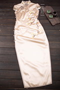 上海茧玥高级定制 浅黄色重磅真丝绣花气质传统修身手工长款旗袍
