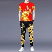 男士休闲短袖t恤长裤短裤套装夏季中国风龙图案，印花两件套圆领