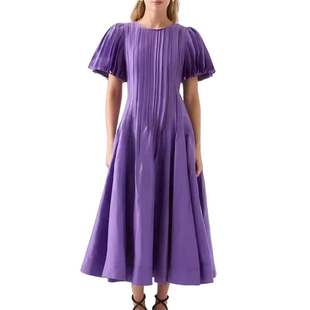 跨境外贸夏季紫色收腰字连衣裙，百褶长裙圆领短袖基本款中腰