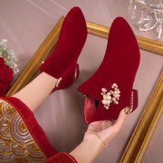 婚鞋秋季短靴中式红色秀禾高跟女2024新娘鞋粗跟婚纱结婚靴