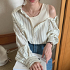韩国chic秋季气质翻领拼接假两件露肩，设计单排扣长袖条纹衬衫