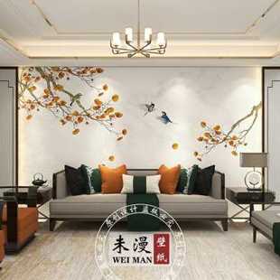 新中式银杏叶花鸟壁纸仿大理石，电视背景墙纸客厅，沙发装饰壁画墙布