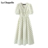 拉夏贝尔/La Chapelle法式绿色波点连衣裙女夏季中长款茶歇裙