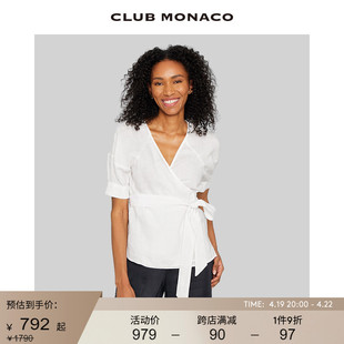 CLUB MONACO女装透气亚麻休闲腰带式V领短袖衬衫