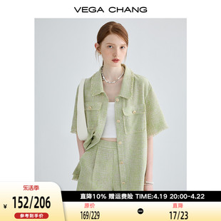 vegachang夏季休闲套装，女2024小香风，短袖外套直筒短裤两件套