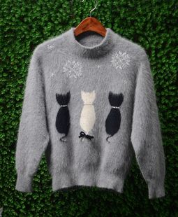 原单安哥拉兔毛兔绒灰色三只小猫雪花图案蝙蝠袖立领长袖套头毛衣