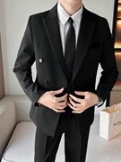 黑色休闲西装外套男高级感痞帅垫肩西服双排扣大码三件一整套装