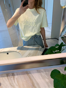 韩国东大门夏季智研刺绣字母，纯棉浅黄绿色，圆领休闲小版t恤