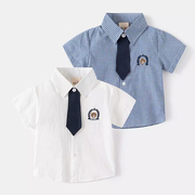 男童纯棉衬衫夏季薄款童装，韩版宝宝洋气，领带儿童翻领短袖衬衣