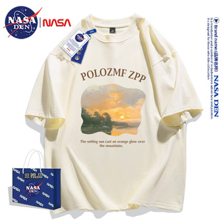 NASA联名百搭印花五分袖重磅纯棉T恤2024年男女款春秋季宽松短袖