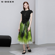 sdeer圣迪奥小众设计高级感长裙，女圆领晕染网纱连衣裙s222z12c7