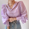 韩国chic春季复古洋气香芋，紫翻领单排扣宽松纯色，灯笼袖衬衫上衣女