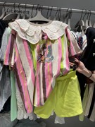 韩系复古撞色竖条纹娃娃领t恤女2024小众，设计感休闲减龄上衣