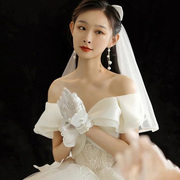原创法式婚纱手套缎面珍珠，复古新娘结婚礼白色纱(白色纱)短款造型冬季
