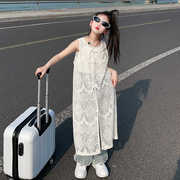 女童韩国chic夏季无袖背心连衣裙大童新中式蕾丝镂空气质叠穿长裙