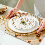 欧式复古风手绘金边餐具，西餐盘家用牛排盘，圆型盘叉骨瓷组合套装