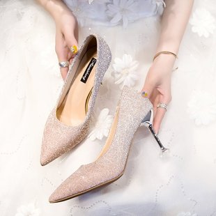 婚鞋女新娘鞋2023年宴会水晶鞋尖头细跟伴娘单鞋女婚纱高跟鞋