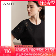 amii2024春奥代尔棉短袖，t恤女圆领镂空绣花上衣宽松白色体恤