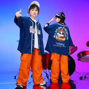2024街舞童装儿童嘻哈hiphop演出服蓝色衬衫短袖宽松帅气夏装