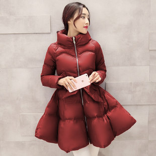 韩版公主蓬蓬裙棉衣女式冬装，加厚中长款a字，斗篷收腰系带羽绒棉服