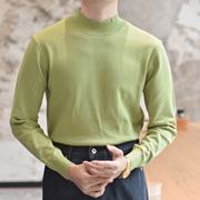 自制薄荷绿半高领针织毛衣，男韩版休闲薄款纯色百搭中领打底衫线衣