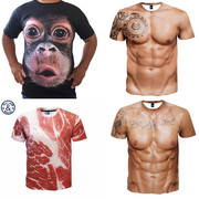 创意假腹肌肉短袖t恤男个性大猩猩，衣服3d立体猴子，图案搞怪体上衣
