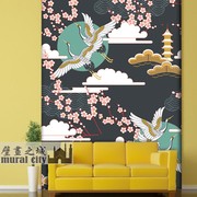 日式仙鹤樱花壁纸浮世绘，料理寿司店墙纸，日本富士山和风壁画背景墙