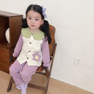 韩版元气女孩a类，睡衣套装男宝女宝翻领，开衫长袖两件套儿童家居服