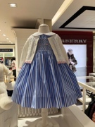 韩国高端童装春夏女宝宝蓝色，条纹背心裙，白色镂空针织开衫