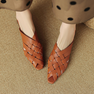 Kmeizu编织拖鞋女夏真皮设计师欧美半拖时装镂空穆勒鞋中跟凉拖潮
