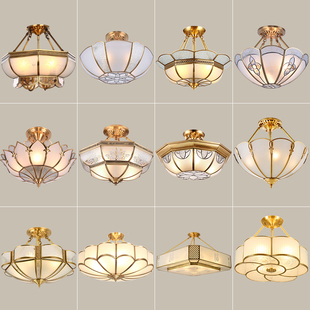 全铜美式吊灯客厅灯具轻奢入户玄关餐厅灯，简约欧式卧室半吊吸顶灯
