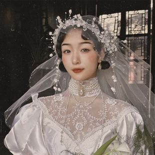 喜看原创法式复古铃兰花瓣，包头头纱新娘结婚白纱，礼服旅拍跟妆饰品