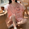 粉色纯棉绉布睡衣女夏季卡通口袋翻领开衫纯色短袖短裤两件家居服