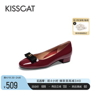 kisscat接吻猫2024春季蝴蝶结圆头，真皮鞋粗跟法式舒适单鞋女