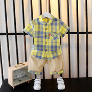 男宝宝短袖衬衫套装夏装男童t恤1一3-4岁潮，婴儿衣服小童格子衬衣