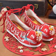汉服鞋子女古风新娘，结婚绣花鞋绿色中式婚鞋红色，增高秀禾鞋中国风